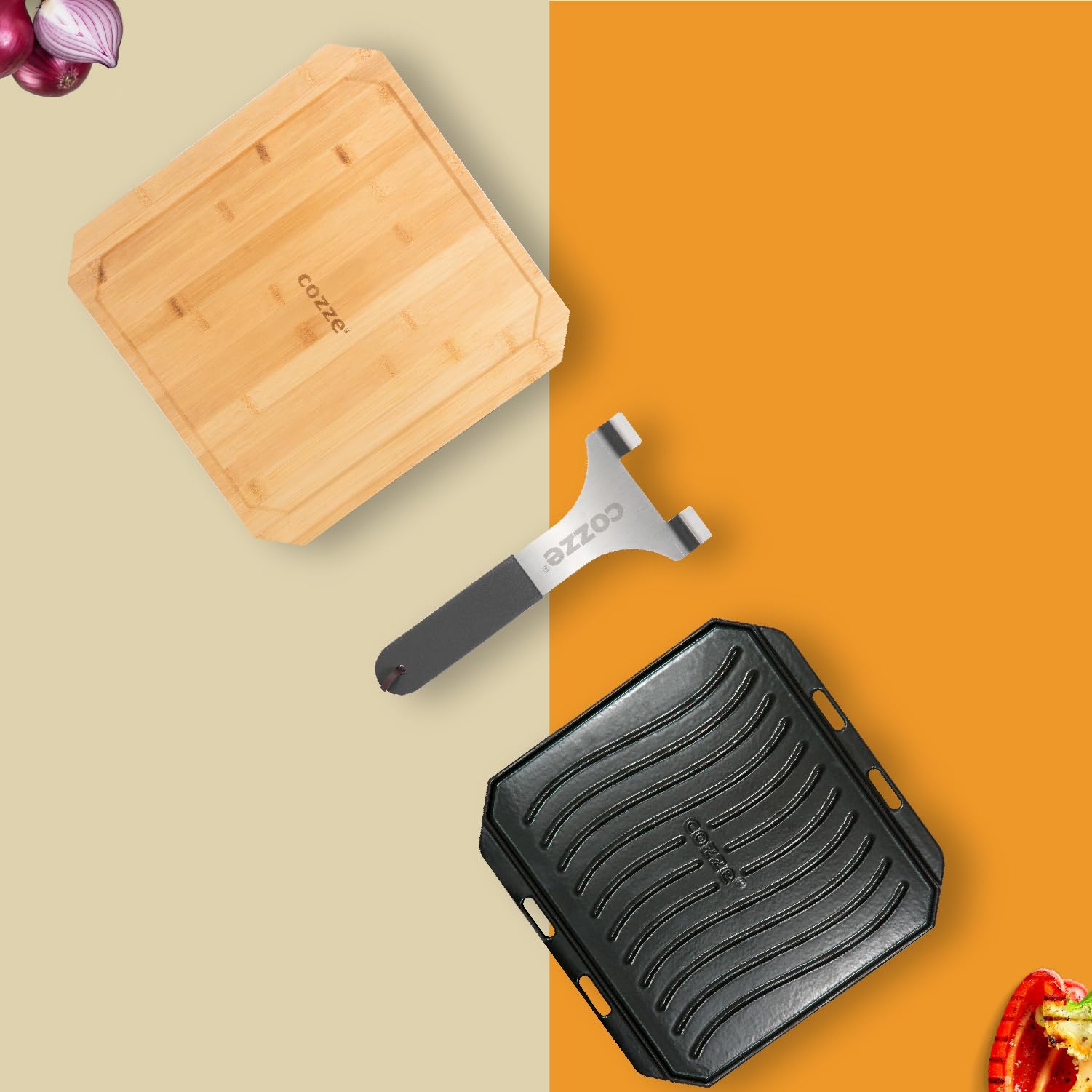 cozze-wendbare-gusseisenpfanne-33x33-cm-grillpfanne-mit-brett image 3