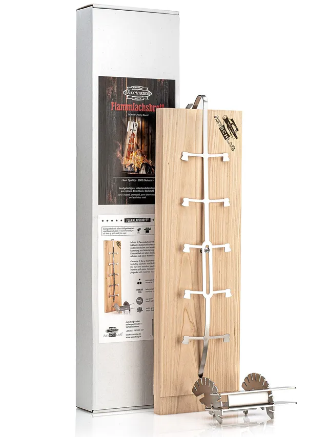 axtschlag-flammlachsbretter-premium-kirsche-komplettset-edelstahl image 1